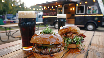 Craft beer served alongside gourmet burgers on a wooden table at a food truck festival