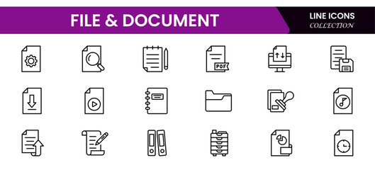 Document outline icons. Document icon set. Set of outline icons related to document, files, message, security. Linear icon collection.