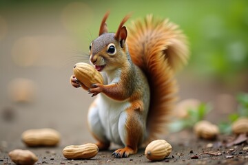 Obraz premium Squirrel enjoying peanuts in the park