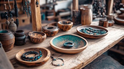 Fototapeta premium Wooden Bowls Jewelry Artisan Crafts Displayed Beautifully
