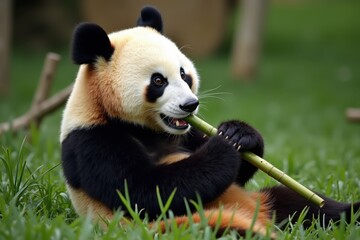 Fototapeta premium Panda relaxing while eating bamboo in green grass