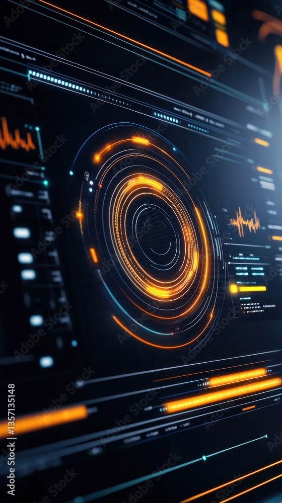 Poster abstract digital interface with circular patterns and dynamic waves