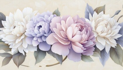 Obraz premium Artistic pastel floral ice cream with soft lavender, baby pink camellias, and white chrysanthemums, against a muted cream background.