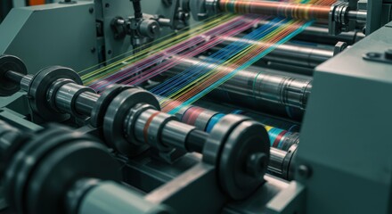 Naklejka premium Colorful threads in textile machine weaving process at industrial factory