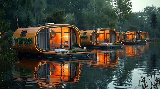 Climate refugee families living self sustaining floating eco homes calm water resilient spirit future adaptation theme