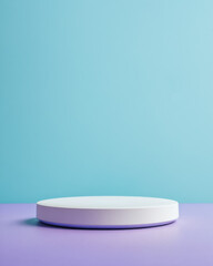 Minimalist display featuring a round, white platform against a pastel blue and purple background, perfect for product showcasing.