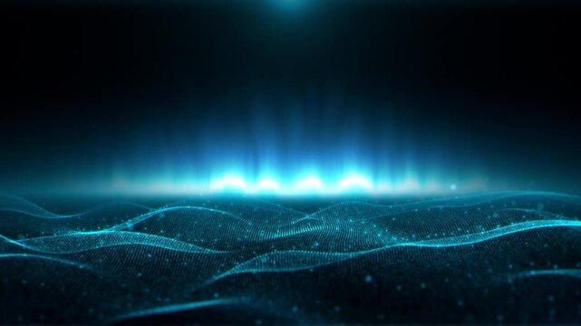 Beautiful abstract futuristic digital technology energy particles blue background seamless loop 4K. Futuristic digital cyber data particles dots waves background. Digital technology AI loop backdrop.