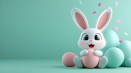Adorable White Easter Bunny with Pink Egg on Green Background