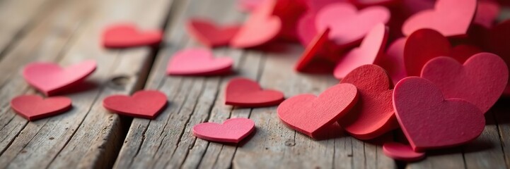 Fototapeta premium A romantic background with red and pink hearts scattered on a wooden table, hearts, valentines day