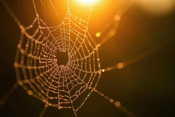 Fototapeta premium Sunlit spiderweb in autumn morning glow