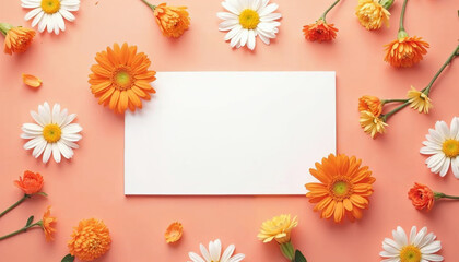 Obraz premium Blank Card Surrounded by Orange and White Flowers