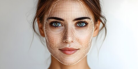 Close-up of a young woman's face overlaid with a digital mesh grid for biometric technology, illustrating advanced facial mapping innovations vividly.