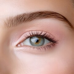 Obraz premium Close-up eye makeup shot, studio, peach tones, blurred background, beauty advertising