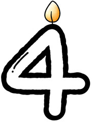 Hand drawn doodle font number 4 with candle pattern, number for worksheet 