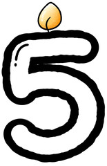 Hand drawn doodle font number 5 with candle pattern, number for worksheet