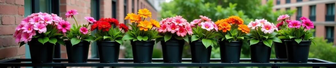 Fototapeta premium A row of vibrant flowers in black pots lined up on a balcony railing, adding color and charm to the urban landscape, flowers, landscape