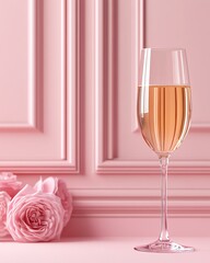 A stunning glass of rose champagne against a soft pink backdrop, accompanied by delicate pink roses. Perfect for celebrations, romantic moments, or elegant events.