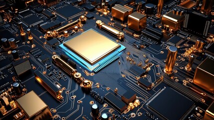 High-tech motherboard pattern, electronic components, neon blue light effects, digital infrastructure