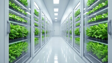 Climate resilience sustainability and risk, A modern facility showcasing rows of vibrant green plants in a clean, well-lit environment designed for optimal growth.