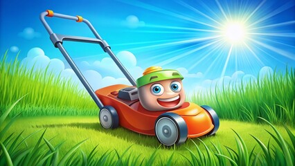 Fototapeta premium Cute Cartoon Lawn Mower Cutting Grass - Fun Summer Yard Work Illustration
