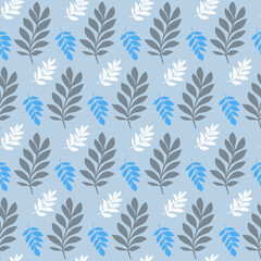 Fototapeta premium Seamless pattern in vintage style of stylized branches with leaves in soft pastel colors on a gray background, for decorating packages, wrapping, greeting cards, websites and for printing on textiles