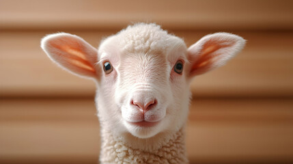 Fototapeta premium Close Up Portrait of a Cute Fluffy Lamb with Bright Eyes Against a Light Brown Wooden Background