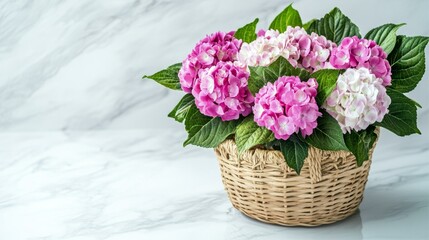 Hydrangea Blooms in Woven Basket Delicate Floral Arrangement on Marble Surface Home Decor Photography