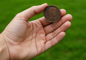 Close Up of Hand Holding Tarnished Copper Coin Against Green Grass Background