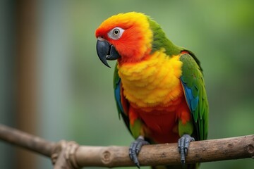 Colorful parrot perched on branch in lush green environment