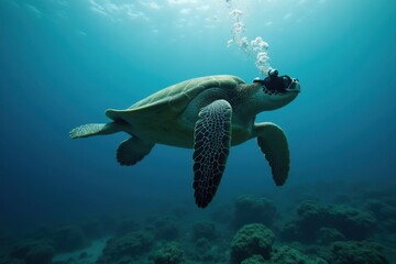 Fototapeta premium Sea turtle swimming underwater with bubbles