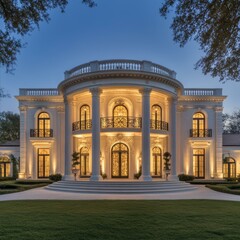 Obraz premium Imposing Neoclassical Style Mansion with Columns Architecture Graced by Evening Skies and Lush Green Lawn