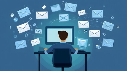 Email Overload: A person is seated at a desk with a computer, being bombarded by an influx of emails, conveying the sense of information overload and constant connectivity.