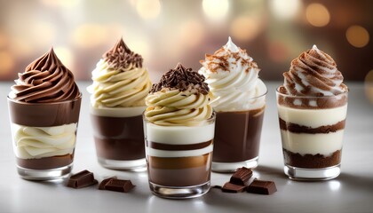chocolate mousse dessert with whipped cream. Sweet snacks served in glasses