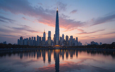 Obraz premium Urban sunset panorama over the city skyline and river