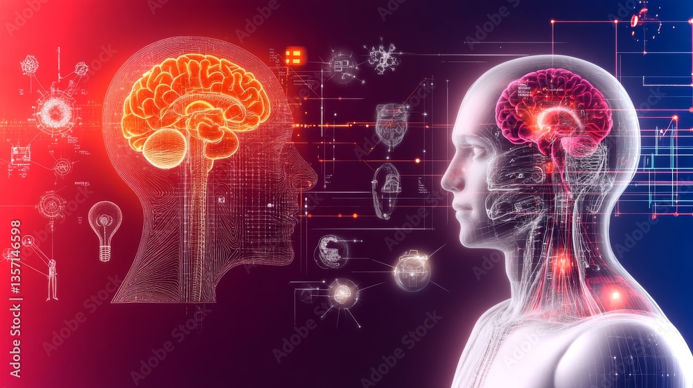 Poster futuristic neural interface exploring the connection between ai and human cognition in healthcare