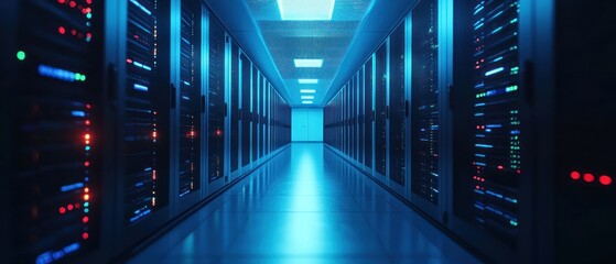 Fototapeta premium High-tech server room illuminated by blue lights, showcasing data storage