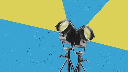 Retro big stage lights - film camera. Vintage cinema poster. Contemporary flat design art collage.