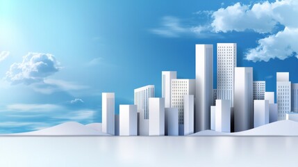 Modern city skyline with sleek skyscrapers under a bright blue sky and fluffy clouds