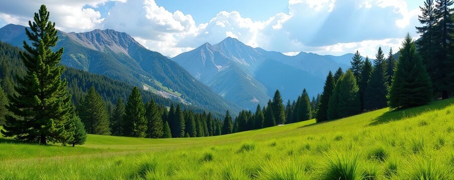 A scenic view of a lush meadow surrounded by towering pine trees in the Uinta Mountains, Utah,  peaceful,  wilderness