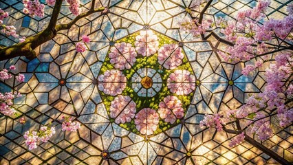 Fototapeta premium Aerial View Cherry Blossom Stained Glass Window Pattern Drone Photography