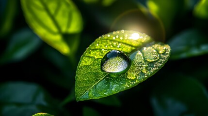 A single dewdrop glistens on a vibrant green leaf bathed in the warm morning sunlight creating a stunning natural scene.