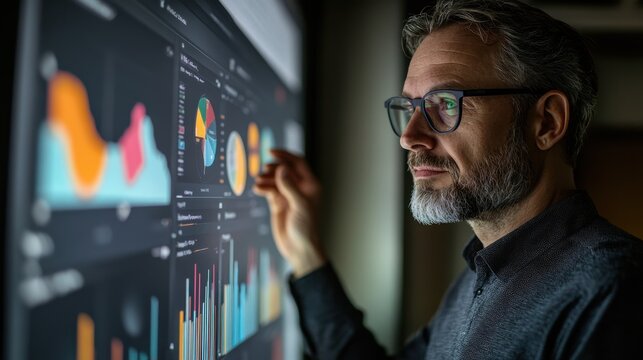Focused Businessman Analyzing Data on Large Interactive Screen