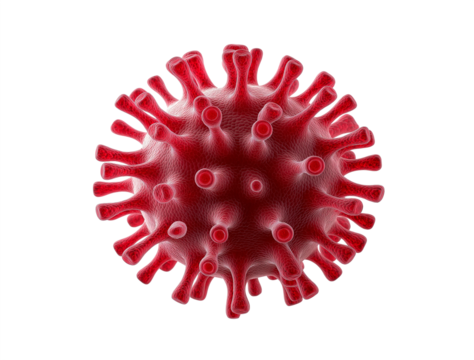 A 3D rendered image of a red virus cell against a transparent background, highlighting its distinct spiky surface and the microscopic threat it represents