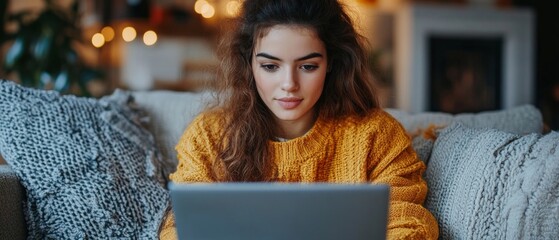 Girl in yellow sweater sitting on a couch with a laptop, around a cozy environment with soft cushions and warm lighting, suitable for articles about home comfort, remote work, personal diaries.