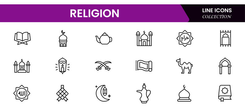 Religion and faith icon set. Religious icon collection in line style. Related to Islma, Christian, Hinduism, Judaism.