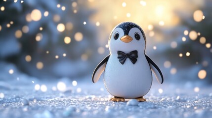 Festive penguin in snowy forest, winter bokeh
