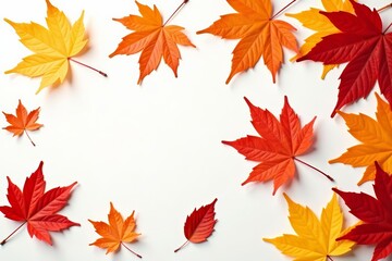 Fototapeta premium Vibrant red, orange, and yellow autumn leaves scattered on white background, multicolored, white background
