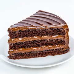 Three Layered Chocolate Cake Slice on White Plate