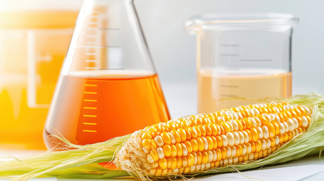 High Fructose Corn Syrup Production Concept with Corn and Laboratory Glassware