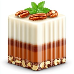 Three Layered White Chocolate Dessert with Pecan Nuts and Mint